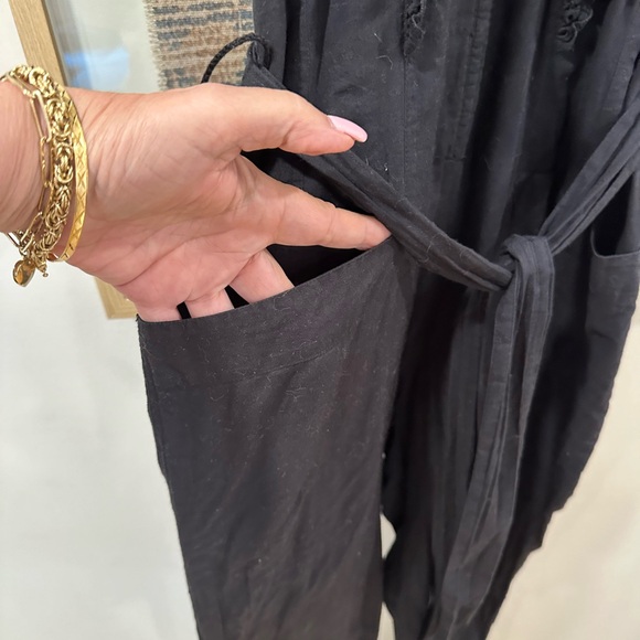 Apiece Apart Black Ruffle Jumpsuit Eyelet Size 0 Belted Pockets Minimalist Boho - Picture 6 of 10